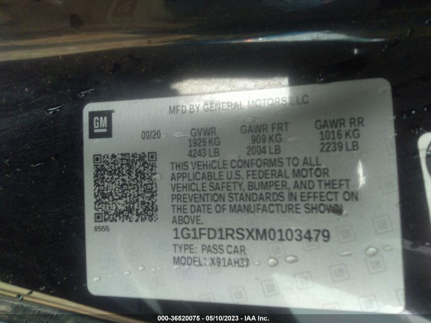 2021 CHEVROLET CAMARO 2LT - 1G1FD1RSXM0103479