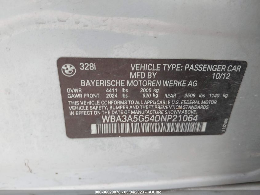 2013 BMW 3 SERIES 328I - WBA3A5G54DNP21064