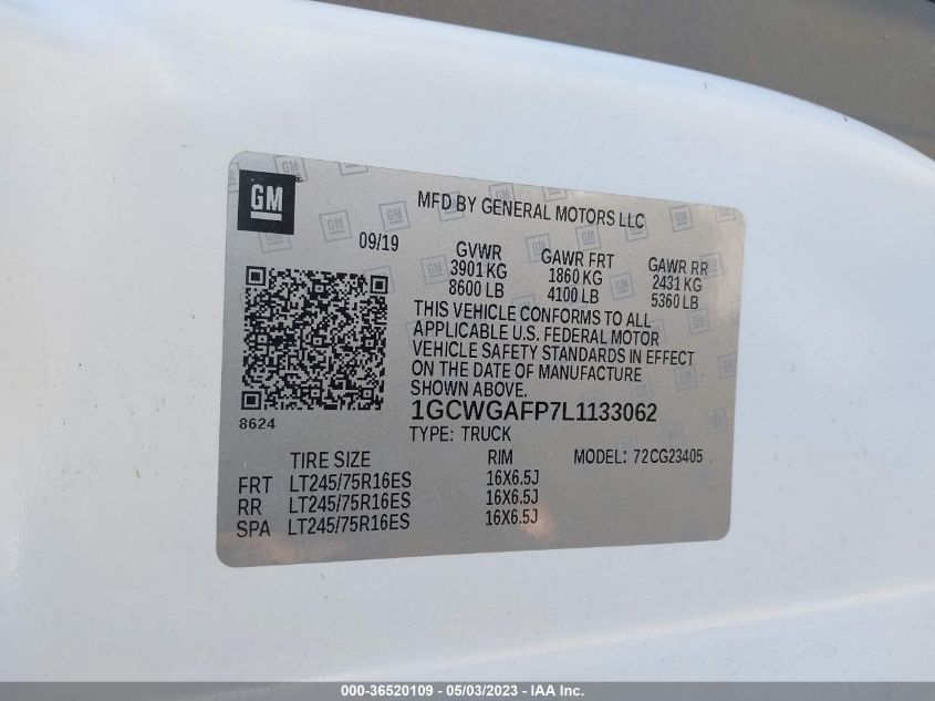 2020 CHEVROLET EXPRESS CARGO VAN - 1GCWGAFP7L1133062