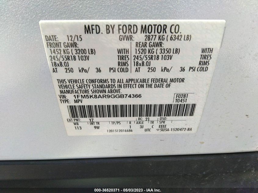 2016 FORD UTILITY POLICE 1FM5K8AR9GGB74366