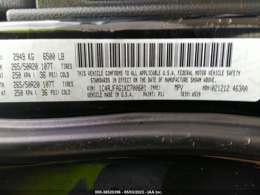 VIN 1C4RJFAG1KC700601 2019 JEEP GRAND CHEROKEE UPLAND
