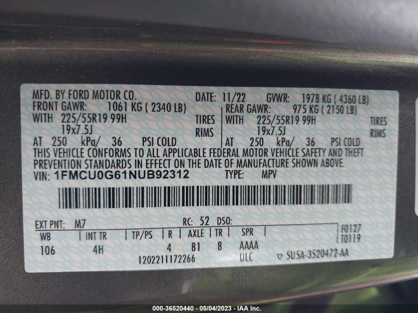 2022 FORD ESCAPE SE - 1FMCU0G61NUB92312