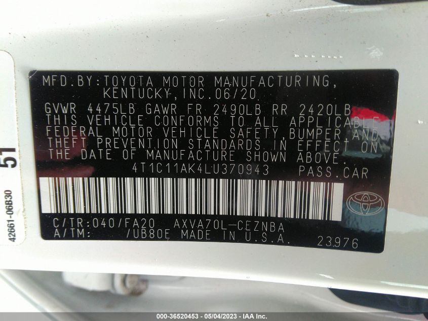 2020 TOYOTA CAMRY LE - 4T1C11AK4LU370943