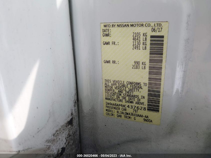 2017 NISSAN MAXIMA S - 1N4AA6AP4HC437628