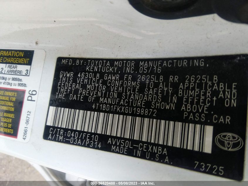 2016 TOYOTA CAMRY HYBRID LE - 4T1BD1FKXGU198872