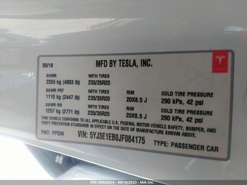 2018 TESLA MODEL 3 LONG RANGE - 5YJ3E1EB0JF084175