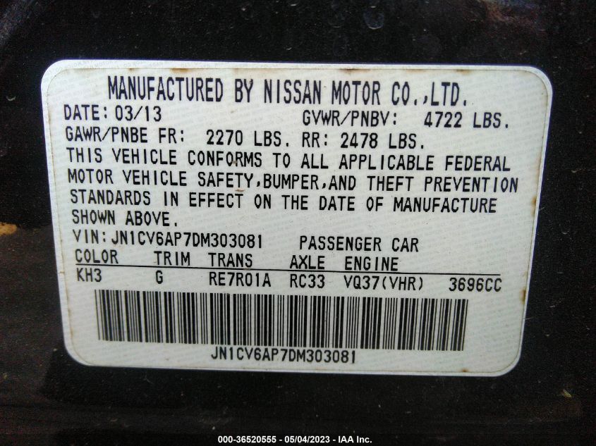 2013 INFINITI G37 JOURNEY JN1CV6AP7DM303081