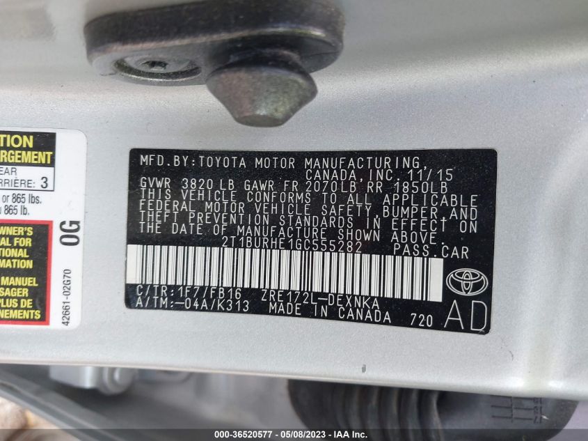 2016 TOYOTA COROLLA L/LE/S/S PLUS/LE PLUS - 2T1BURHE1GC555282