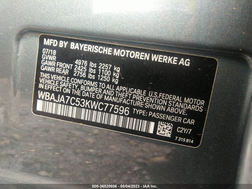 2019 BMW 5 SERIES 530I XDRIVE - WBAJA7C53KWC77596