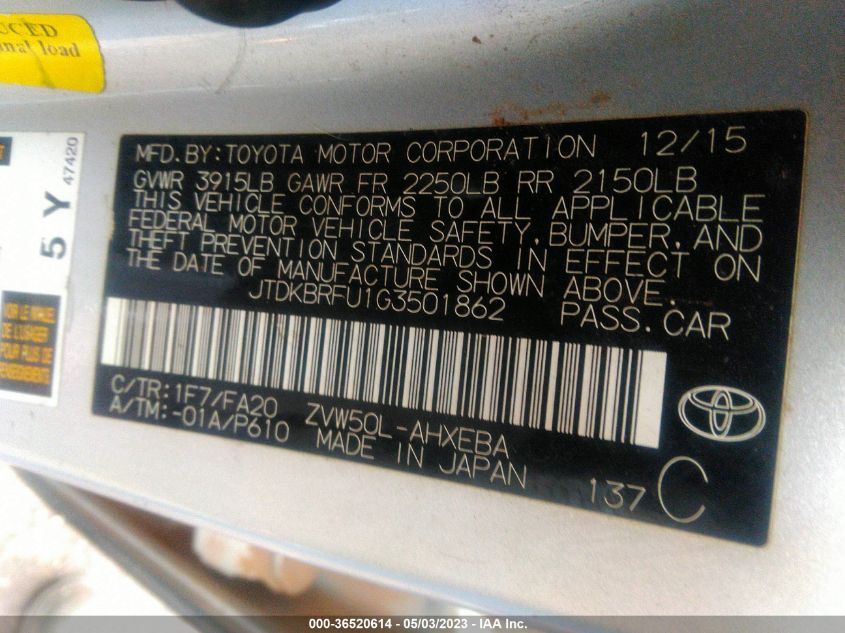 2016 TOYOTA PRIUS TWO - JTDKBRFU1G3501862