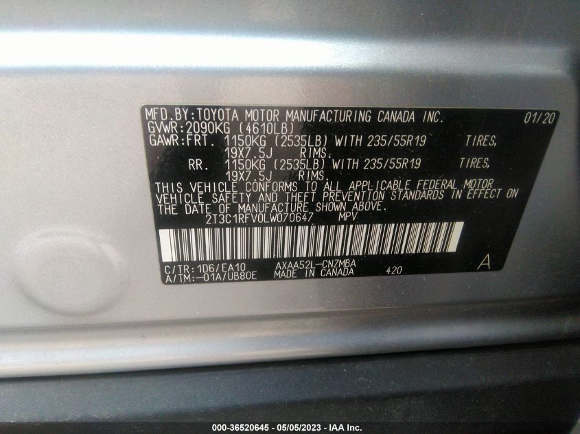 2020 TOYOTA RAV4 XLE PREMIUM - 2T3C1RFV0LW070647