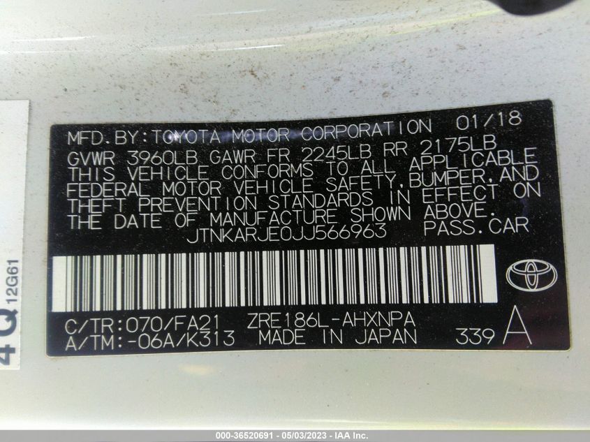 2018 TOYOTA COROLLA IM - JTNKARJE0JJ566963