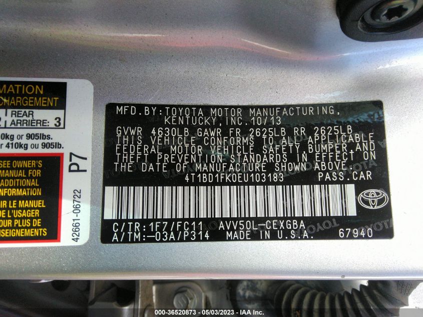 2014 TOYOTA CAMRY HYBRID LE/XLE/SE LIMITED EDITION - 4T1BD1FK0EU103183