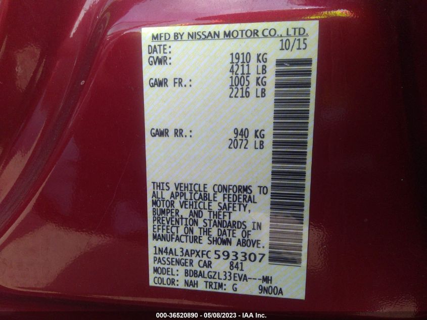 2015 NISSAN ALTIMA 2.5 S - 1N4AL3APXFC593307
