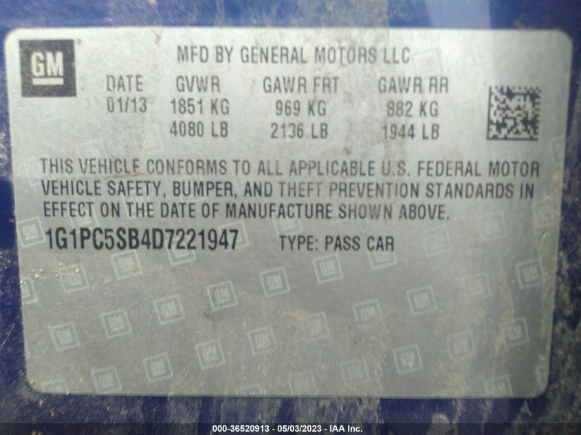 2013 CHEVROLET CRUZE 1LT - 1G1PC5SB4D7221947