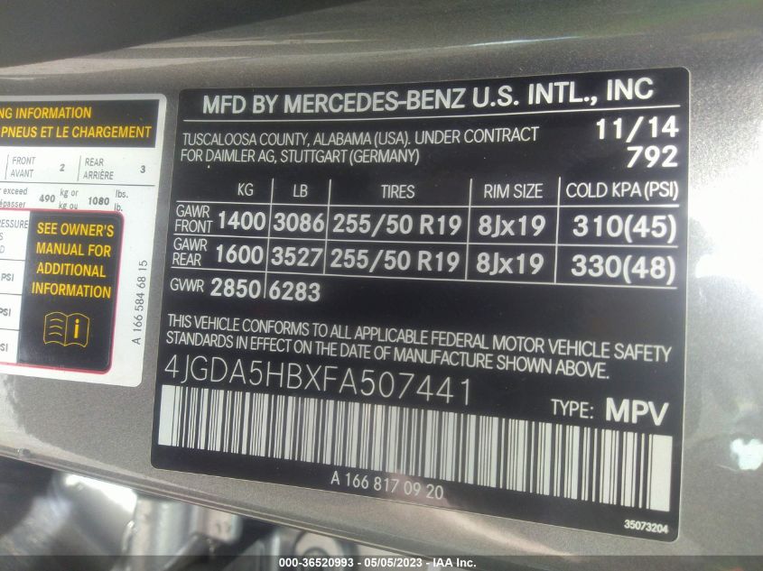 2015 MERCEDES-BENZ M-CLASS ML 350 - 4JGDA5HBXFA507441