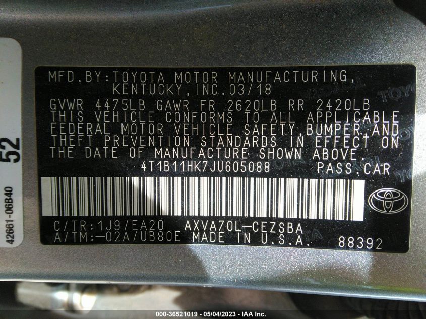 2018 TOYOTA CAMRY LE/SE/XLE/L - 4T1B11HK7JU605088