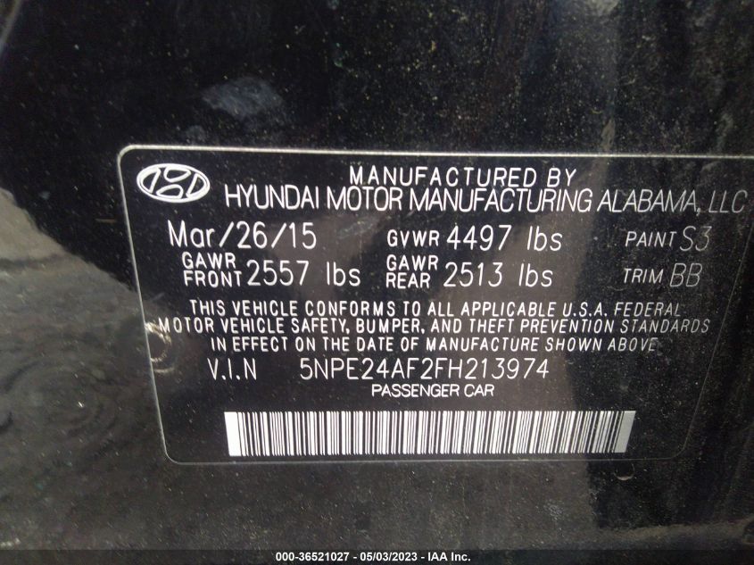 2015 HYUNDAI SONATA 2.4L SE - 5NPE24AF2FH213974