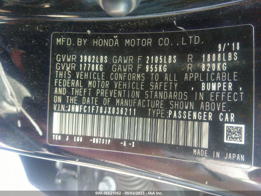 2018 HONDA CIVIC EX-L - JHMFC1F70JX036211