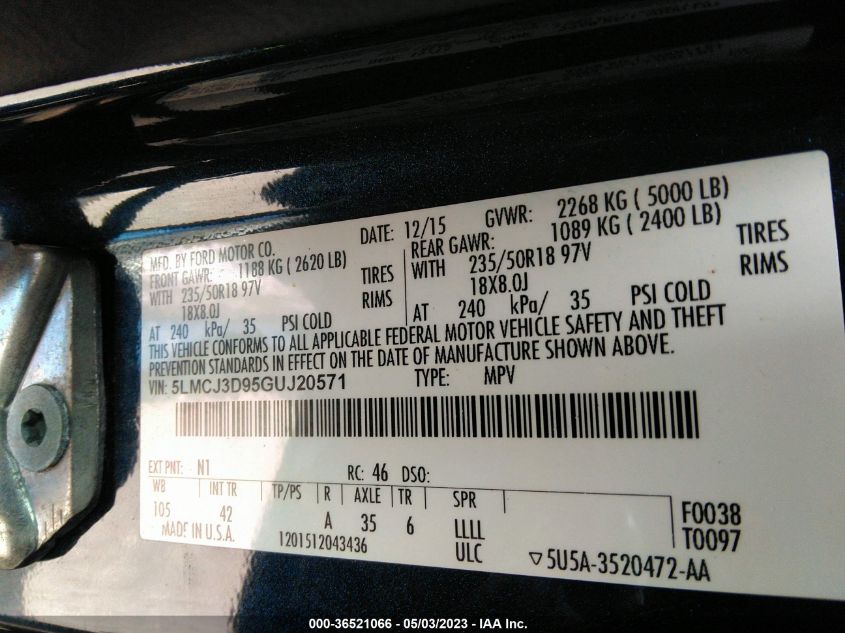 2016 LINCOLN MKC RESERVE - 5LMCJ3D95GUJ20571