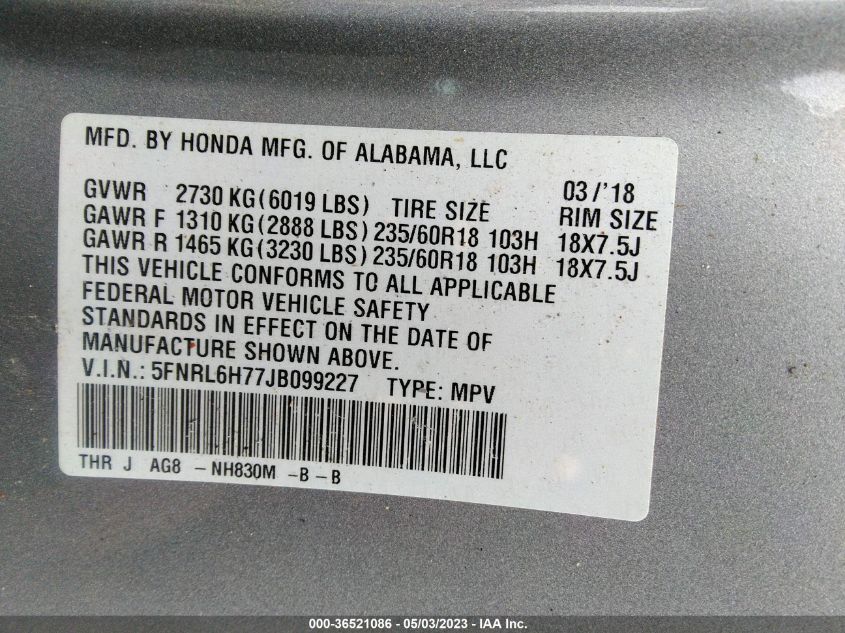 5FNRL6H77JB099227 2018 HONDA ODYSSEY, photo no. 9