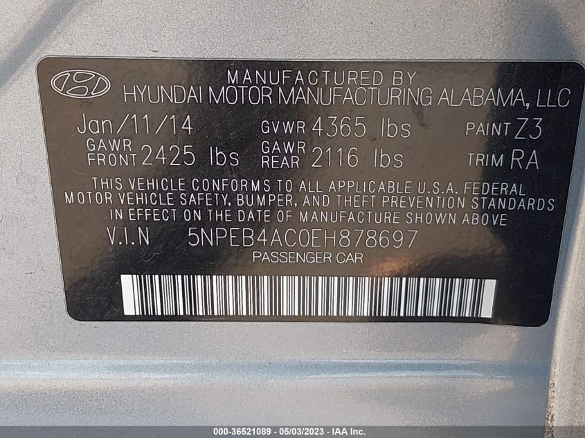 2014 HYUNDAI SONATA GLS - 5NPEB4AC0EH878697