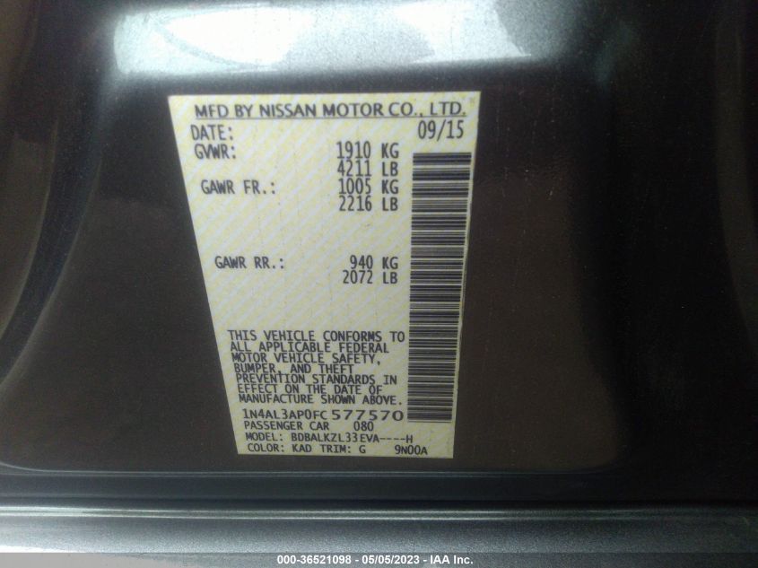 2015 NISSAN ALTIMA 2.5 SV - 1N4AL3AP0FC577570