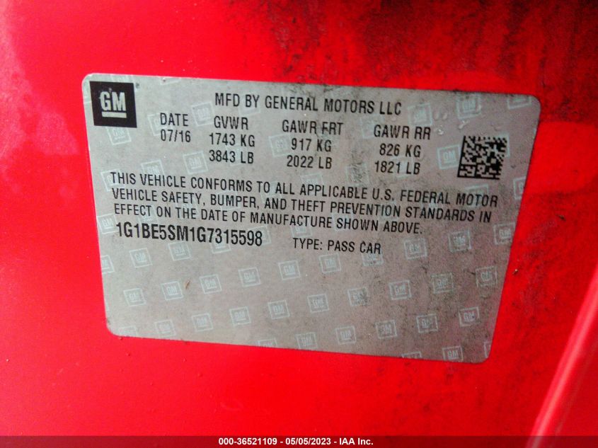 2016 CHEVROLET CRUZE LT - 1G1BE5SM1G7315598