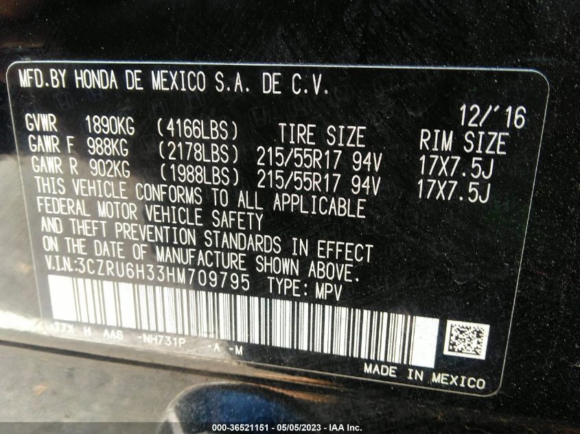 2017 HONDA HR-V LX - 3CZRU6H33HM709795