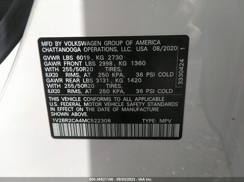 2021 VOLKSWAGEN ATLAS 3.6L V6 SEL - 1V2BR2CA4MC522308