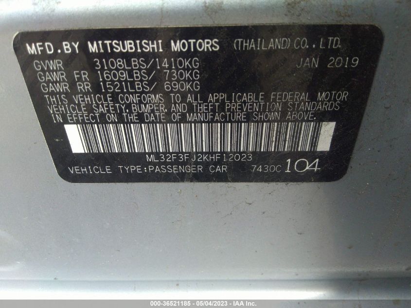 2019 MITSUBISHI MIRAGE G4 ES/RF - ML32F3FJ2KHF12023