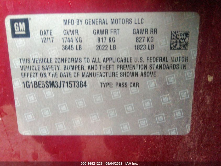 2018 CHEVROLET CRUZE LT - 1G1BE5SM3J7157384