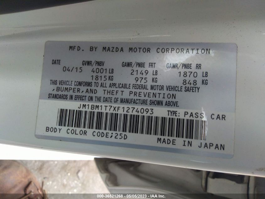 2015 MAZDA MAZDA3 I SV - JM1BM1T7XF1274093
