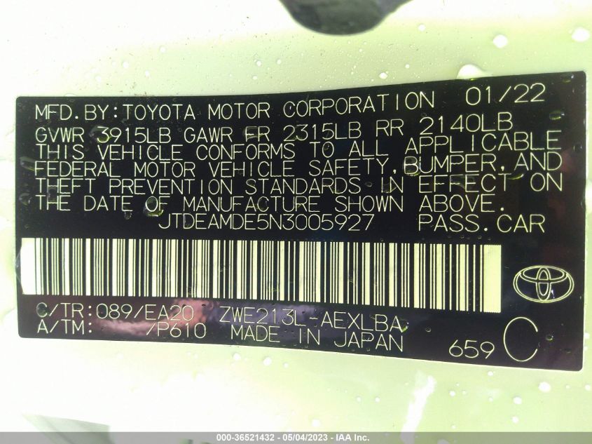 2022 TOYOTA COROLLA HYBRID LE - JTDEAMDE5N3005927