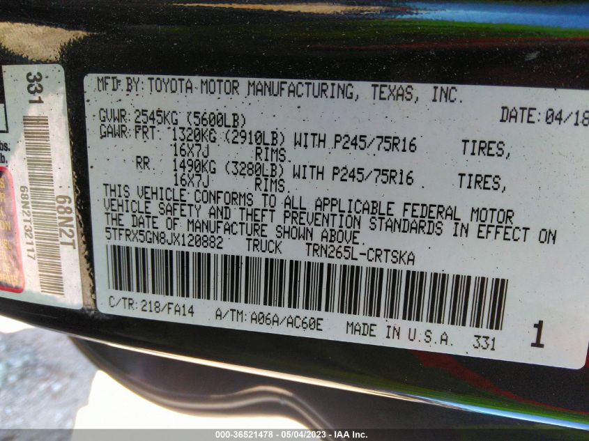 2018 TOYOTA TACOMA SR/SR5 - 5TFRX5GN8JX120882