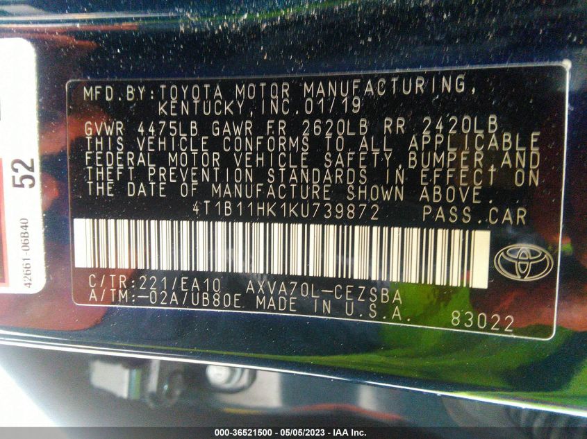 2019 TOYOTA CAMRY LE/SE/XLE/L - 4T1B11HK1KU739872