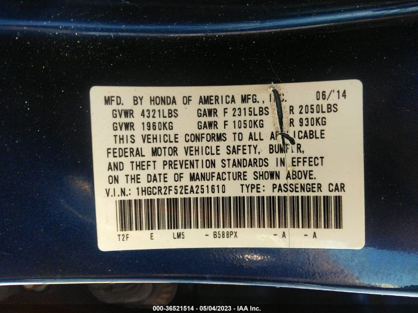 2014 HONDA ACCORD SEDAN SPORT - 1HGCR2F52EA251610