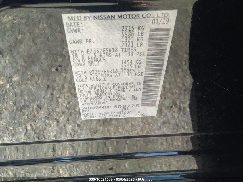 VIN 5N1DR2MN1KC608728 2019 NISSAN PATHFINDER SV
