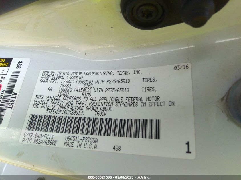 2016 TOYOTA TUNDRA 2WD TRUCK SR5 - 5TFEW5F10GX205191