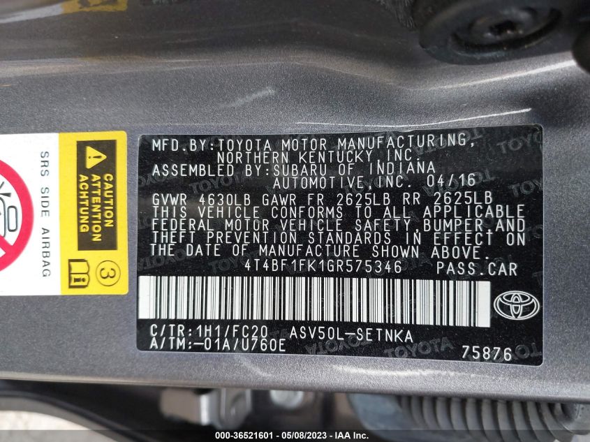 2016 TOYOTA CAMRY XLE/SE/LE/XSE - 4T4BF1FK1GR575346