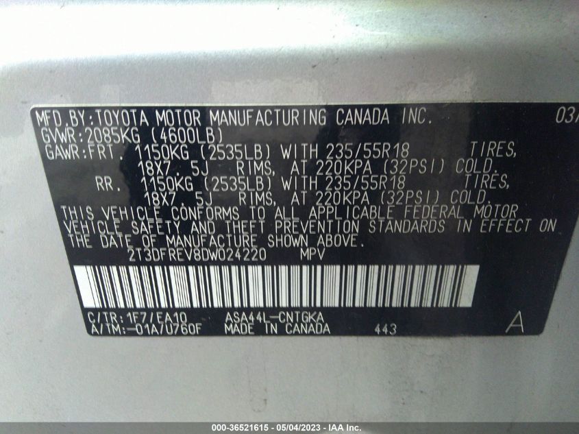 2013 TOYOTA RAV4 LIMITED - 2T3DFREV8DW024220