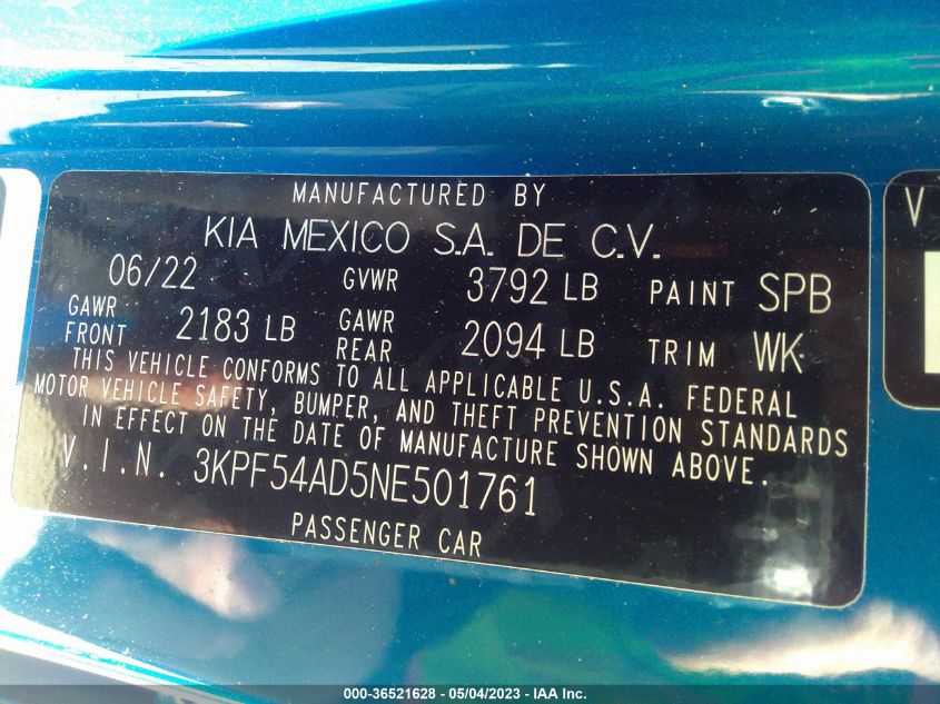 2022 KIA FORTE GT-LINE - 3KPF54AD5NE501761