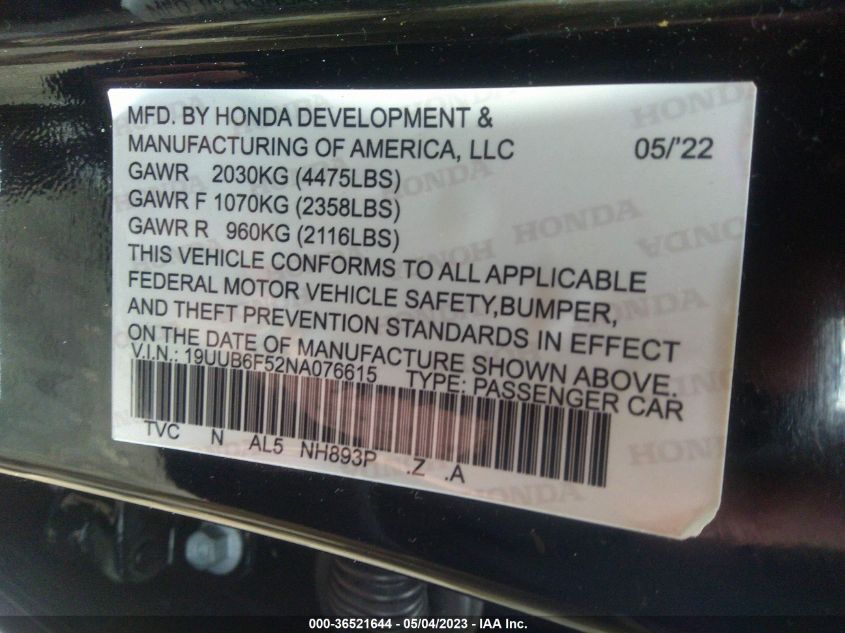 2022 ACURA TLX W/A-SPEC PACKAGE - 19UUB6F52NA076615