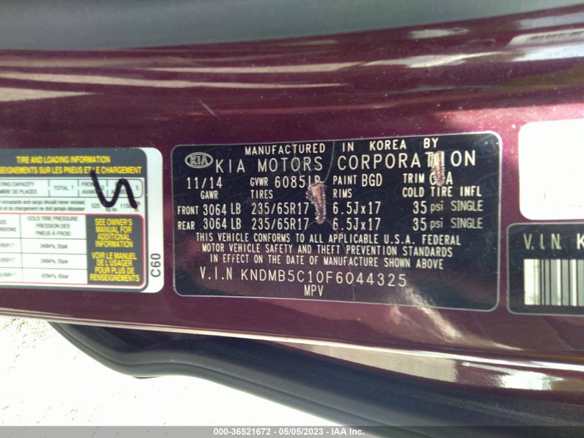 2015 KIA SEDONA LX - KNDMB5C10F6044325