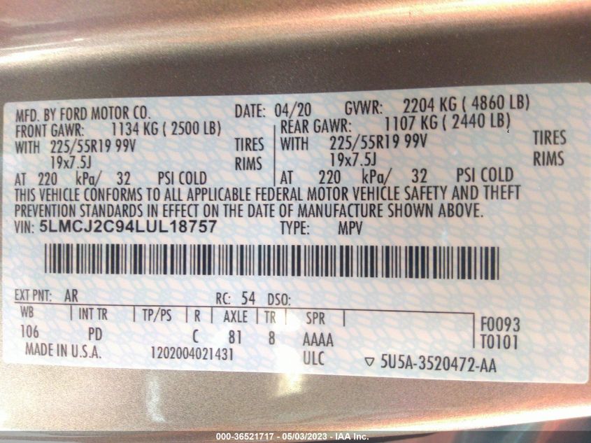 2020 LINCOLN CORSAIR RESERVE - 5LMCJ2C94LUL18757