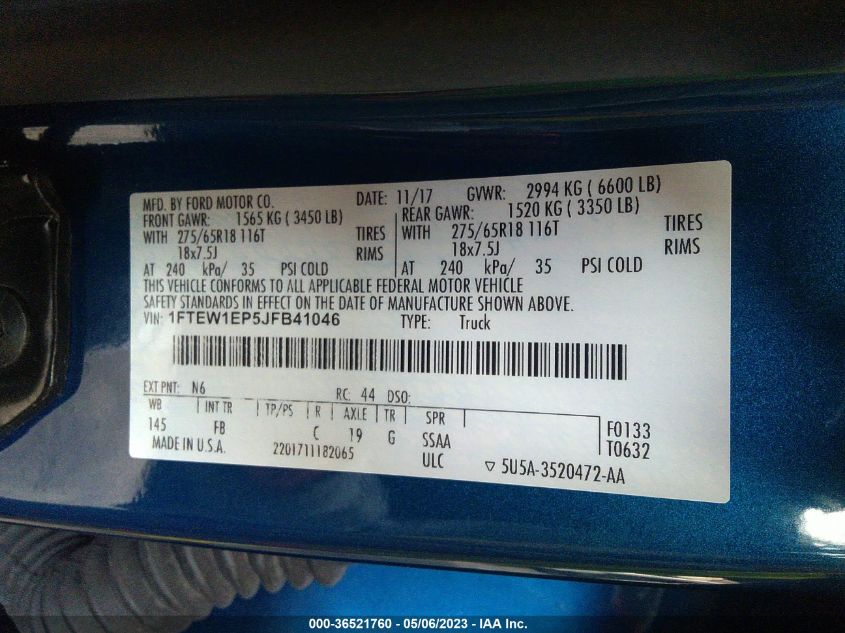 2018 FORD F-150 XL/XLT/LARIAT - 1FTEW1EP5JFB41046