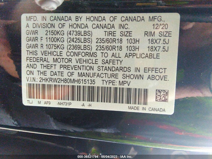 2021 HONDA CR-V EX-L - 2HKRW2H80MH615135