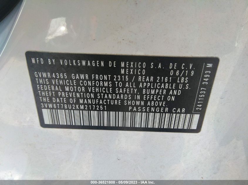 2019 VOLKSWAGEN JETTA GLI S - 3VW6T7BU2KM217251