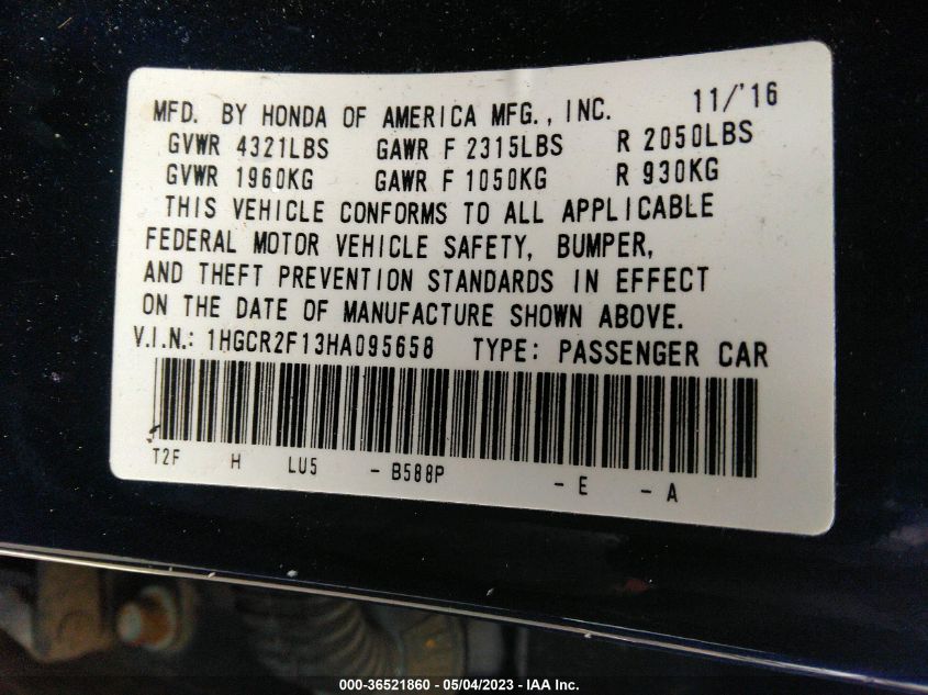 2017 HONDA ACCORD SEDAN SPORT SE - 1HGCR2F13HA095658