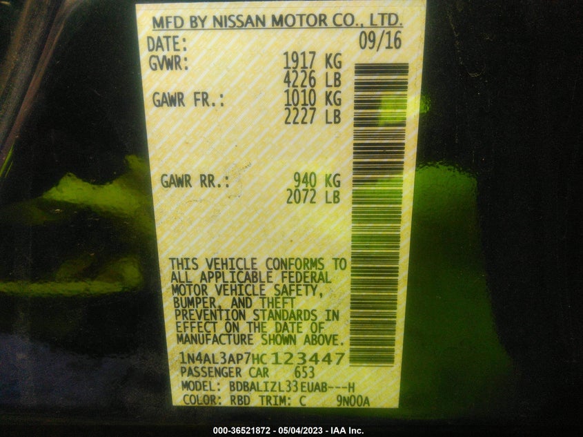 VIN 1N4AL3AP7HC123447 2017 NISSAN ALTIMA 2.5 SV